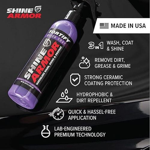 SHINE ARMOR Fortify Quick Coat – 3-in-1 Ceramic Coating, Car Wax & Waterless Wash Spray – Hydrophobic Top Coat & Paint Sealant for Long-Lasting Shine