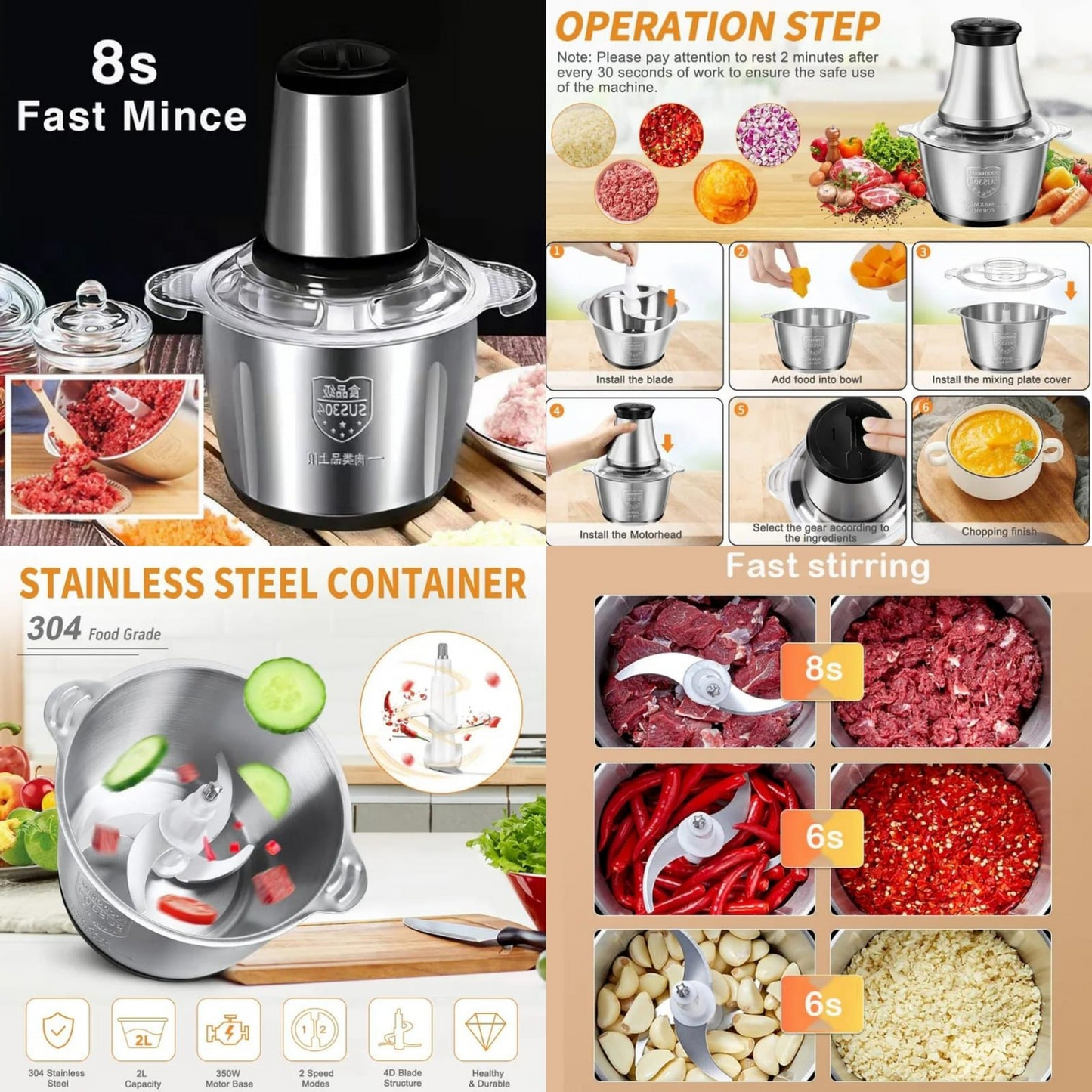 Electric Stainless Steel Meat Grinder & Food Chopper – Heavy-Duty Meat Mincer Blender with 4 Sharp Blades & Mixing Bowl for Meat, Vegetables, Fruits & Nuts
