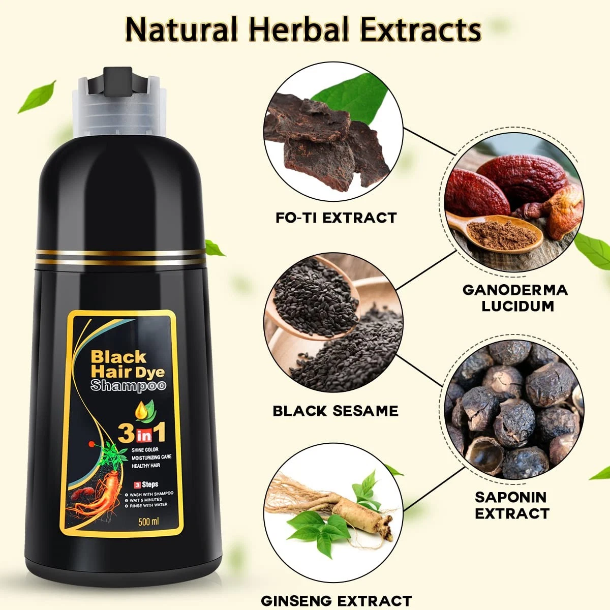 3-in-1 Black Hair Dye Shampoo for Gray Hair – Long-Lasting Hair Color, Cleanser & Conditioner for Women & Men – Natural Ingredients, Easy at-Home Use