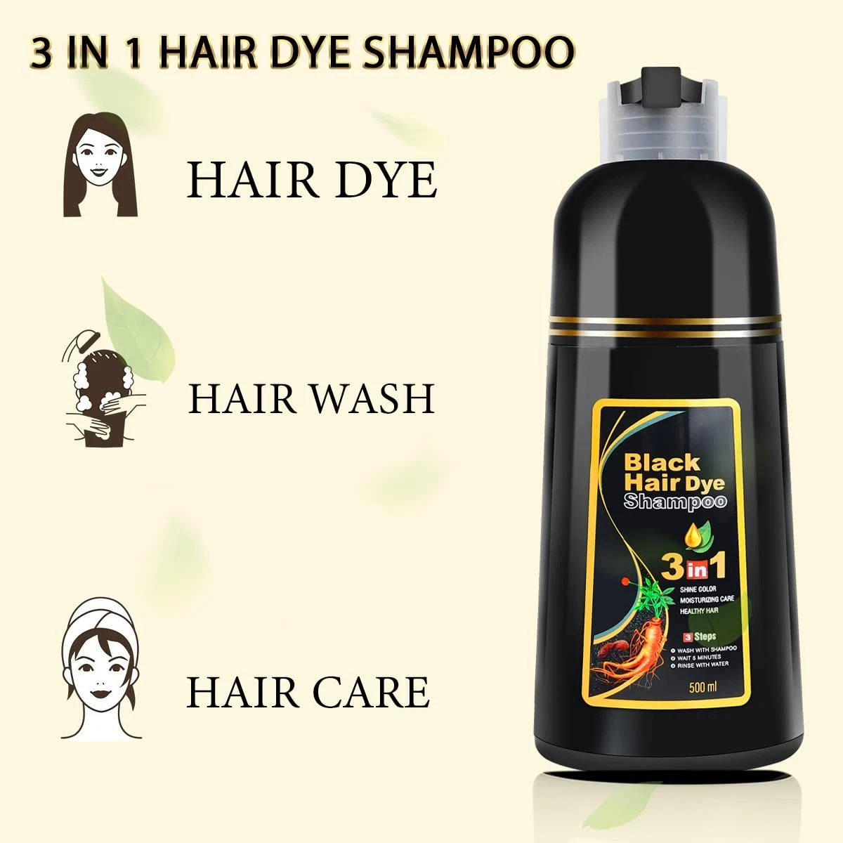 3-in-1 Black Hair Dye Shampoo for Gray Hair – Long-Lasting Hair Color, Cleanser & Conditioner for Women & Men – Natural Ingredients, Easy at-Home Use
