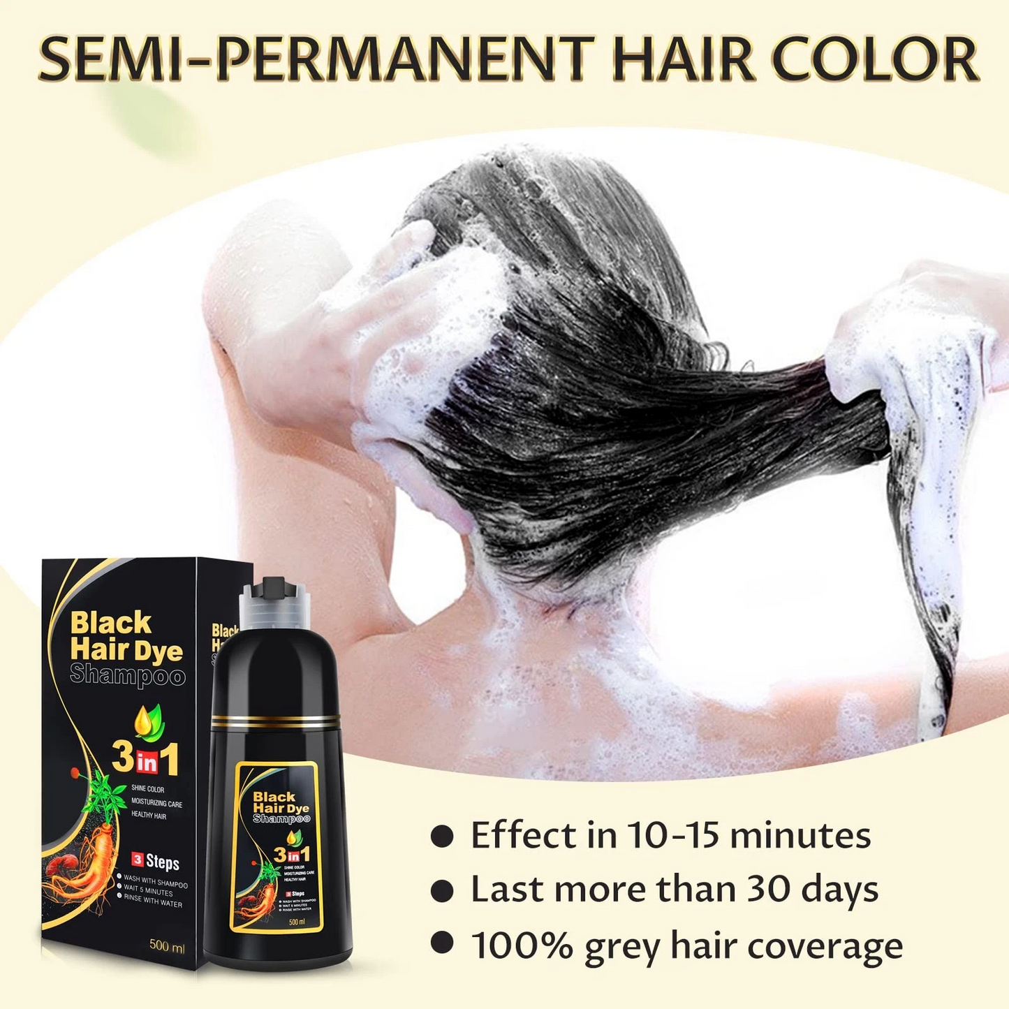 3-in-1 Black Hair Dye Shampoo for Gray Hair – Long-Lasting Hair Color, Cleanser & Conditioner for Women & Men – Natural Ingredients, Easy at-Home Use